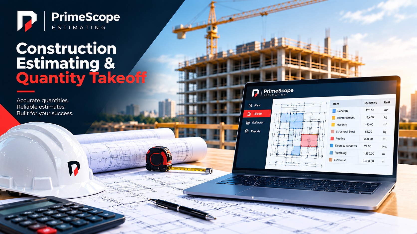 PrimeScope Estimating: construction estimating and quantity takeoff. A tower crane over a building under construction, and a laptop showing a takeoff schedule beside rolled drawings, a hard hat and a tape measure.