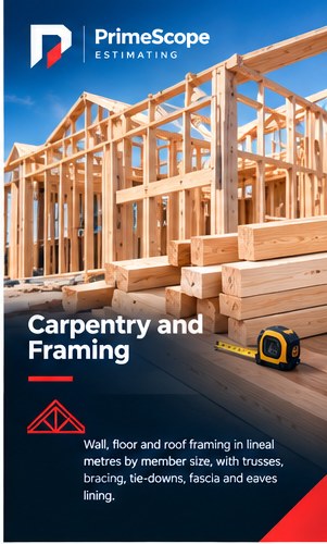 Carpentry and framing: timber wall and roof framing with dressed timber and a tape measure in front.