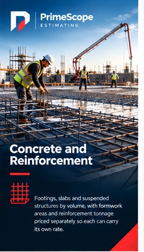 Concrete and reinforcement: reinforcing steel being fixed on a slab with a concrete placing boom overhead.