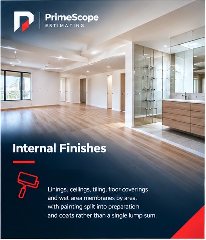 Internal finishes: a finished interior with timber flooring, painted ceilings and a tiled bathroom.