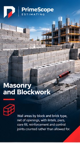 Masonry and blockwork: a concrete block wall part built, with a trowel resting on the course.