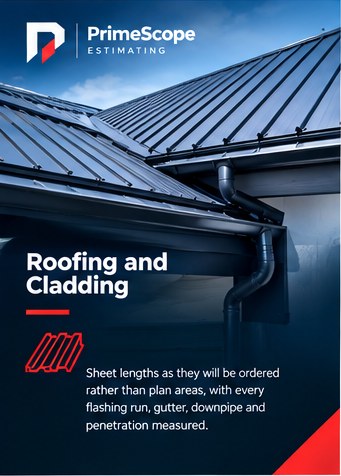 Roofing and cladding: a standing seam metal roof with gutter and downpipe.