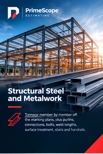 Structural steel and metalwork: a steel portal frame under construction with hollow sections stacked in front.